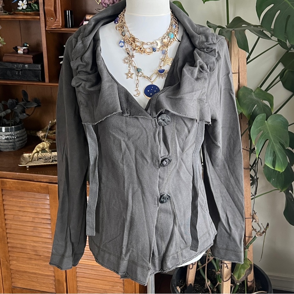 Lucky Brand Charcoal Cotton Ruched Cinch Collar Lapel Ruffle Detail Cardigan M